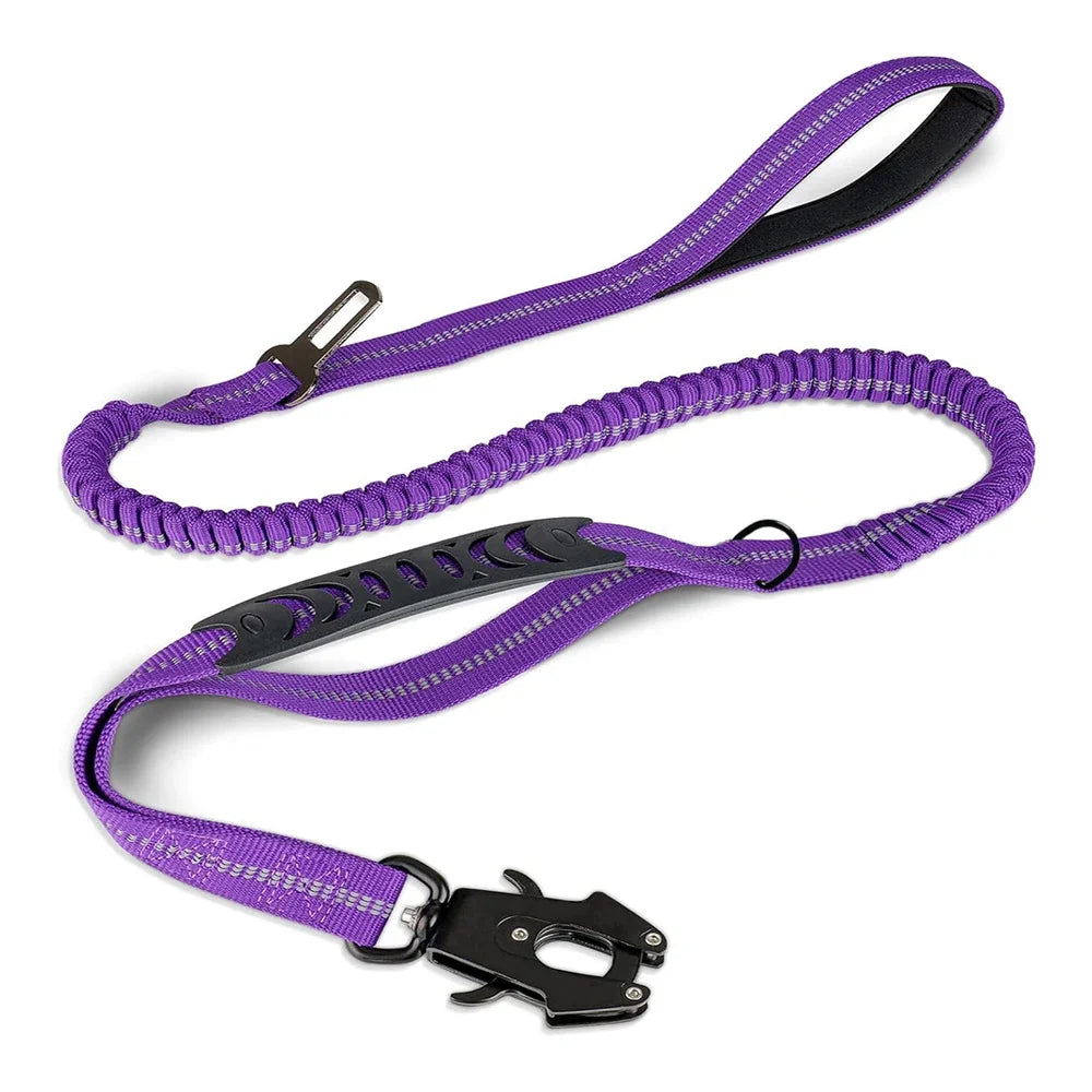 K9Flexβ’ Tactical Bungee Leash π Built for strength, comfort & control π Car seatbelt clip included β Shock-absorbing | Reflective | Heavy-duty clips