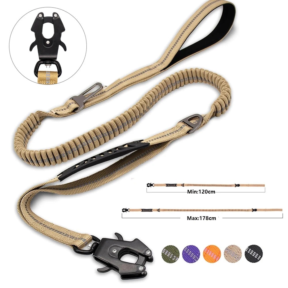 K9Flexβ’ Tactical Bungee Leash π Built for strength, comfort & control π Car seatbelt clip included β Shock-absorbing | Reflective | Heavy-duty clips