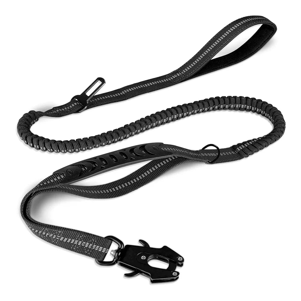 K9Flexβ’ Tactical Bungee Leash π Built for strength, comfort & control π Car seatbelt clip included β Shock-absorbing | Reflective | Heavy-duty clips