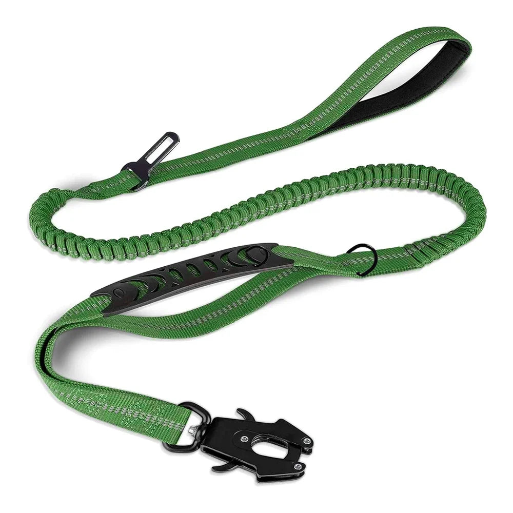 K9Flexβ’ Tactical Bungee Leash π Built for strength, comfort & control π Car seatbelt clip included β Shock-absorbing | Reflective | Heavy-duty clips